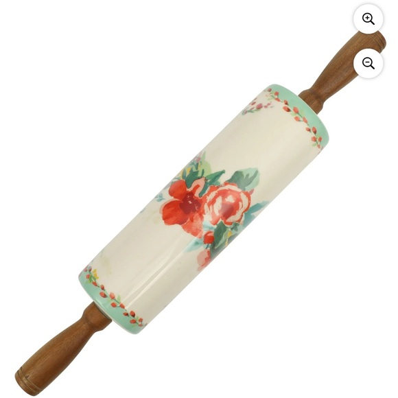 NEW PIONEER WOMAN CERAMIC ROLLING PIN PAINTED MEADOWS & ACACIA WOOD RACK SET NWT - Picture 9 of 9